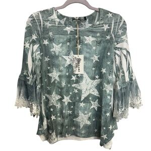Boho Origami Chic Starry Lace Sleeve Flowy Blouse Size S